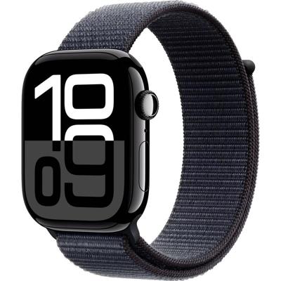 Apple Watch Series 10 (GPS 46 mm) Smartwatch - Kast van gitzwart aluminium - Inkt geweven sportbandje. Conditie bijhouden, Ecg-app, always on Retina-display, CO₂-neutraal