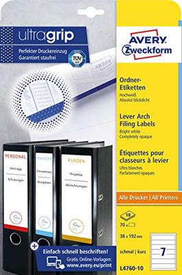 Avery-Zweckform Ordneretiketten L4760-10 38 x 192 mm Papier Wit Permanent hechtend 70 stuk(s)