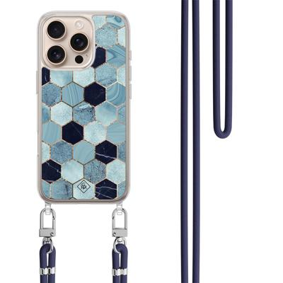 iPhone 16 Pro Max hoesje met donkerblauw koord - Blue cubes