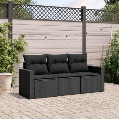 3-delige Loungeset met kussens poly rattan zwart - thumbnail
