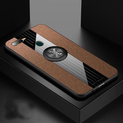 Voor OPPO A7 XINLI stiksels doek Textue schokbestendig TPU beschermhoes met ring houder (bruin)