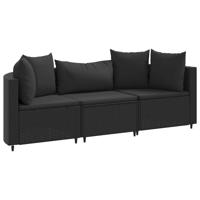 3-delige Loungeset met kussens poly rattan zwart - thumbnail