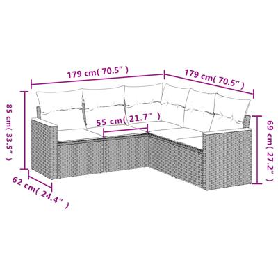 5-delige Loungeset met kussens poly rattan gemengd beige - thumbnail
