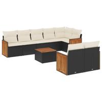 9-delige Loungeset met kussens poly rattan zwart - thumbnail