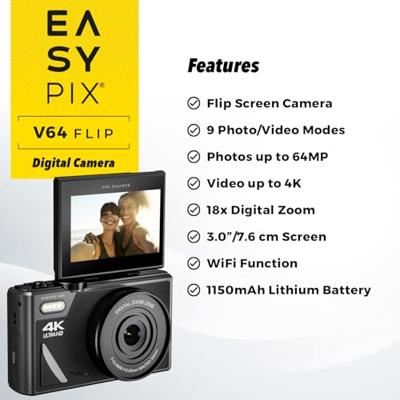 Easypix V64 Flip Digitale camera 13 Mpix Zwart Geïntegreerde accu, WiFi, 4K video, Full-HD video-opname