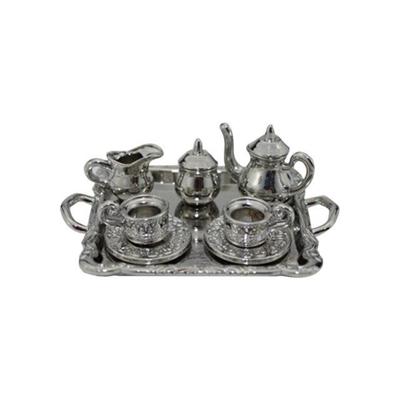 3 sets Doll House mini bestek metalen thee set theepot Cup plaat (zilver)