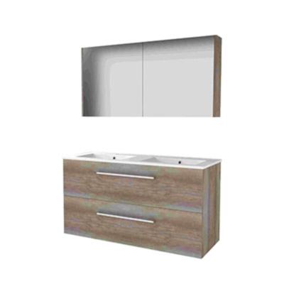 Basic-Line Comfort 46 Badkamermeubelset - 120 x 46 cm - Met Grepen - 2 Lades - Keramische Wastafel - 2 Kraangaten - Spiegelkast - Scotch Oak