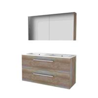 Basic-Line Comfort 46 Badkamermeubelset - 120 x 46 cm - Met Grepen - 2 Lades - Keramische Wastafel - 2 Kraangaten - Spiegelkast - Scotch Oak - thumbnail
