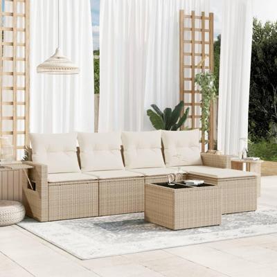 6-delige Loungeset met kussens poly rattan beige