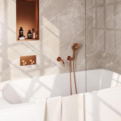 Brauer Stripe thermostatische inbouw badkraan met drukknoppen SET 04 met uitloop en 3-standen handdouche en doucheslang en wandaansluitbocht koper geborsteld PVD
