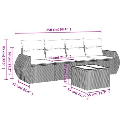 5-delige Loungeset met kussens poly rattan zwart