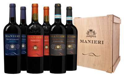 Manieri Primitivo, Negroamaro en Manduria in luxe wijnkist