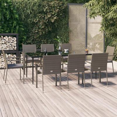 9-delige Tuinset met kussens poly rattan zwart en grijs
