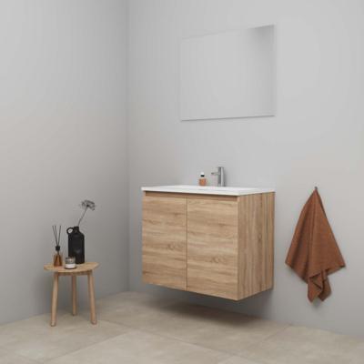 On-Line Badkamermeubelset - 80 cm - Bouwpakket - Greeploos 2 Deuren - Acryl Wastafel - 1 Kraangat - Spiegel - Eiken