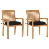 Tuinstoelen 2 st met zwarte kussens massief teakhout - thumbnail