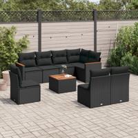 9-delige Loungeset met kussens poly rattan zwart - thumbnail