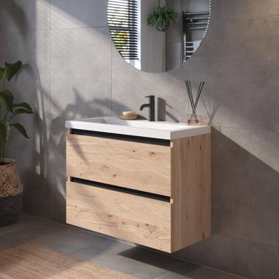 Saqu Gaia ondiep badmeubel incl. glans witte wastafel 80x40x64cm naturel eiken - zwarte greeplijst