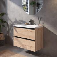 Saqu Gaia ondiep badmeubel incl. glans witte wastafel 80x40x64cm naturel eiken - zwarte greeplijst - thumbnail