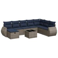 9-delige Loungeset met kussens poly rattan grijs - thumbnail