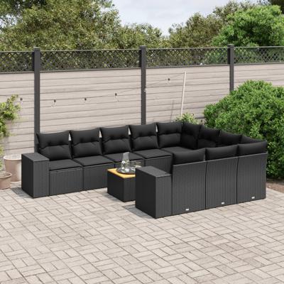 11-delige Loungeset met kussens poly rattan zwart