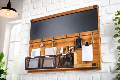 Praktische wandplank HERITAGE 80cm naturel grenen 6 haken krijtbord sleutelbord - 40880