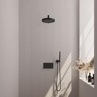 Brauer Stripe thermostatische inbouw regendouche met drukknoppen SET 25 met 25 cm douchekop en rechte muurarm en staaf handdouche en doucheslang en wandaansluitbocht mat zwart