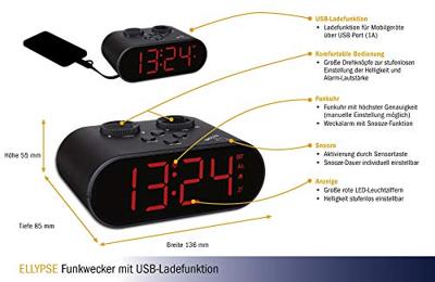 TFA Dostmann 60.2551.01 Wekker Zendergestuurd Zwart Alarmtijden 1 USB-aansluiting, Groot display - thumbnail