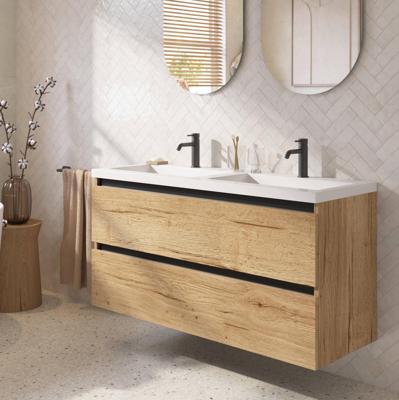 Saqu Gaia badmeubel incl. dubbele glans witte wastafel 120x51x64cm eiken marcato - zwarte greeplijst