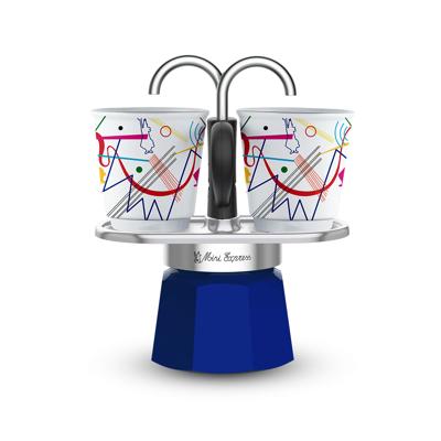 Italiaanse koffiezetset + 2 kopjes - BIALETTI - Mini-express KANDINSKY - 100 ml - Roestvrij staal / Blauw