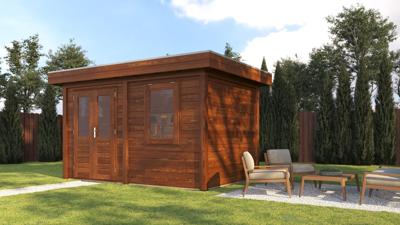 Lugarde Select Amstelveen Modern tuinhuis 388x388cm + overkapping 400 cm 28 mm vuren bruin geolied