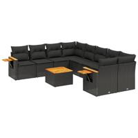 9-delige Loungeset met kussens poly rattan zwart - thumbnail