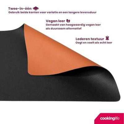 Cookinglife 6 Placemats + 6 Onderzetters - Dubbelzijdig - Vegan leer - Zwart / Cognac - thumbnail