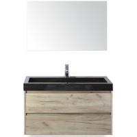Dante Badmeubelset 100 cm - Craft Oak - Wastafel Hardsteen Wit Lucca met Spiegel - thumbnail