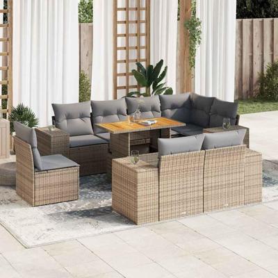 9-delige Loungeset met kussens poly rattan beige