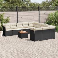 12-delige Loungeset met kussens poly rattan zwart - thumbnail