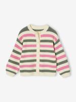 Gestreept meisjesvest van stof met minikabel saliegroen - thumbnail