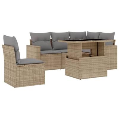 6-delige Loungeset met kussens poly rattan beige
