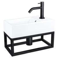 Differnz Force fonteinset - 40x22x11.5cm - Rechthoek - 1 kraangat - Gebogen matte zwarte kraan - met zwart frame - Keramiek Wit 38.401.56 - thumbnail