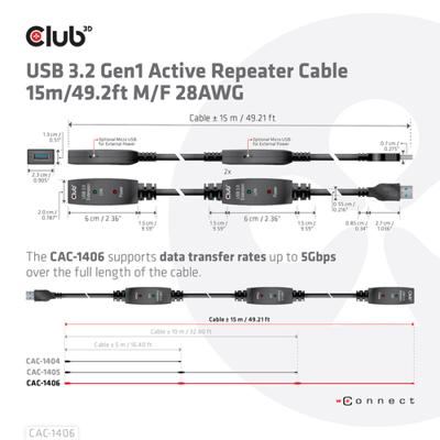 club3D CAC-1406 USB-kabel USB 3.2 Gen1 (USB 3.0 / USB 3.1 Gen1) 15.00 m Zwart club3D CAC-1406 USB-kabel USB 3.2 Gen1 (USB 3.0 / USB 3.1 Gen1) 15.00 m Zwart