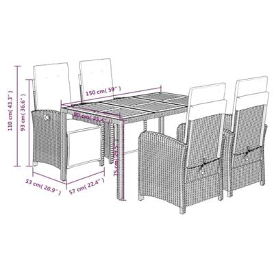 5-delige Tuinset met kussens poly rattan zwart