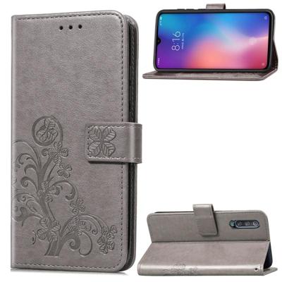 Lucky klaver geperst bloemen patroon lederen case voor Xiaomi mi 9 met houder & card slots & portemonnee & hand strap (grijs)