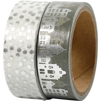 Vivi Gade Masking tape, huizen en stippen - folie, b: 15 mm, zilver, 2x4 m/ 1 doos