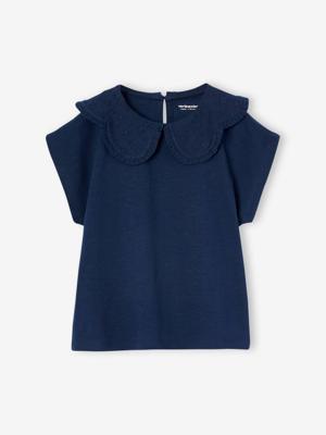 Meisjesshirt met geborduurde kraag marineblauw Meisjesshirt met geborduurde kraag marineblauw