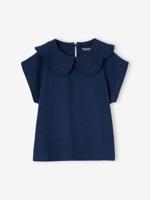 Meisjesshirt met geborduurde kraag marineblauw - thumbnail