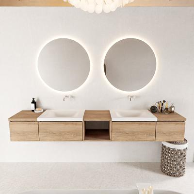 MONDIAZ BUKLA 240cm badmeubel met open module 40 midden kleur Washed Oak met 4 lades. Wastafel CLOUD dubbel 0 kraangaten kleur Talc.