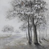 Schilderij -Handgeschilderd - Oever met bomen , zwart wit 100x100cm - thumbnail
