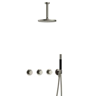 Hotbath Cobber - CB7067 - Inbouw Regendoucheset - Geborsteld Nikkel - 2 Stopkranen - Thermostatisch - Plafondbuis 15 cm - Hoofddouche 200 mm - Staafhanddouche - Waterbesparend