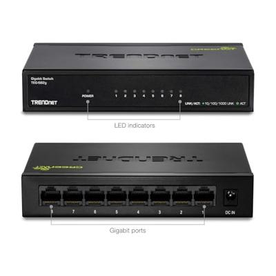TRENDnet TEG-S82G 8-Port Gigabit GREENnet Switch, Ethernet Splitter, 10/100/1000 Mbps, ventilatorloos, 16 Gbps schakelcapaciteit, metalen behuizing, plug & play,zwart