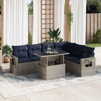 7-delige Loungeset met kussens poly rattan acacia zwart