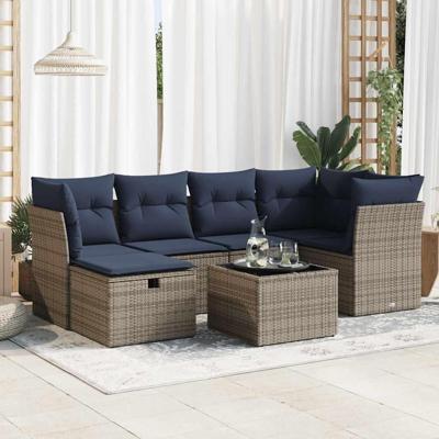 7-delige Loungeset met kussens poly rattan grijs